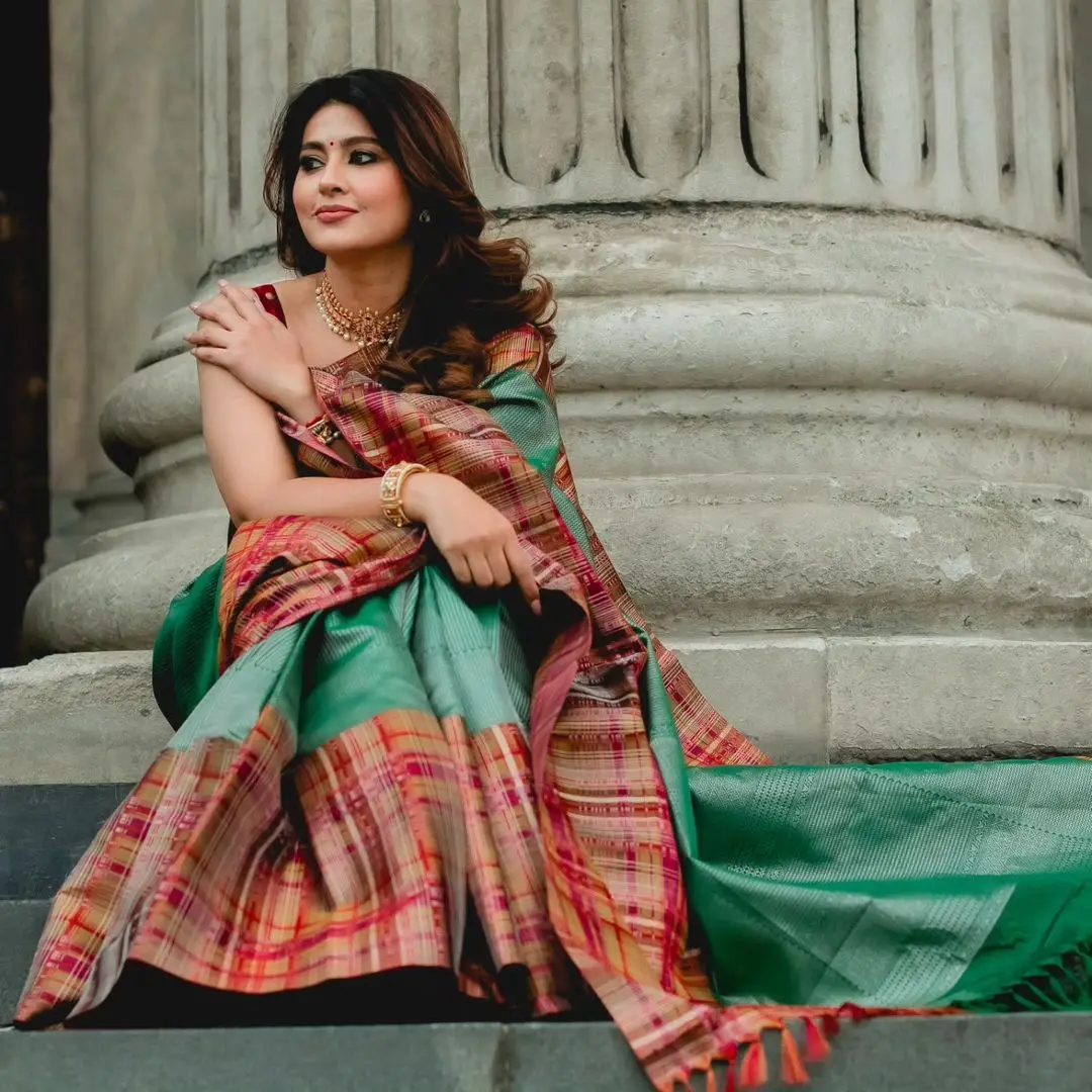 Sneha Wearing Beautiful Earrings Jewellery Green Saree Maroon Blouse